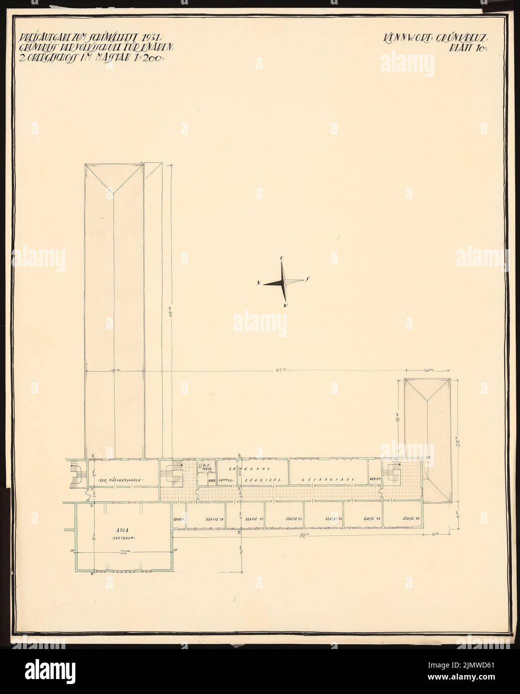 Götze H. A., settlement plan with a school house group. Schinkel competition 1931 (1931): elementary school for boys. Floor plan 2nd floor 1: 200. Ink, pencil, colored pencil on transparent, 75.8 x 60.8 cm (including scan edges) Götze H. A. : Siedlungsplan mit Schulhausgruppe. Schinkelwettbewerb 1931 Stock Photo