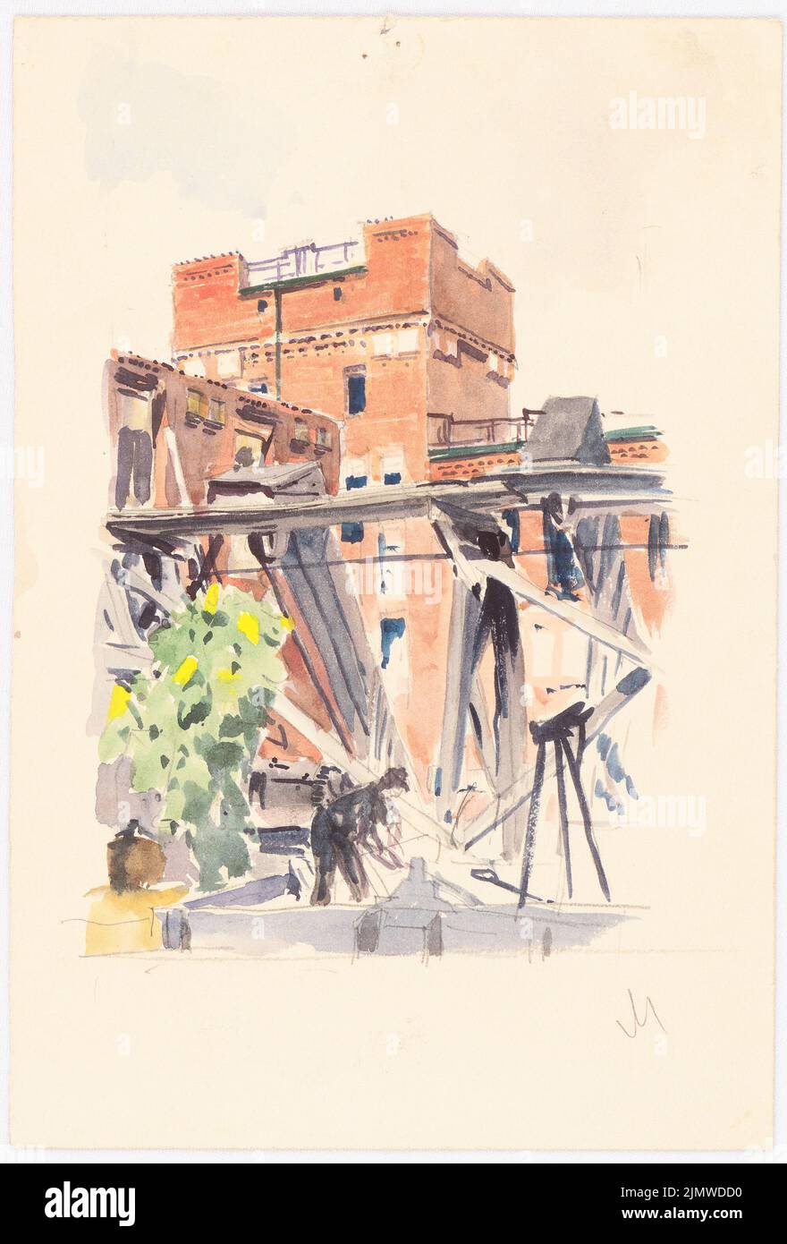 Michel Paul sen. (1877-1938), road construction in an industrial area (without date): Perspective view of road construction with street workers, industrial complex, factory. Pencil watercolor on the box, 25 x 16.9 cm (including scan edges) Michel Paul sen.  (1877-1938): Straßenbau in einem Industriegebiet Stock Photo