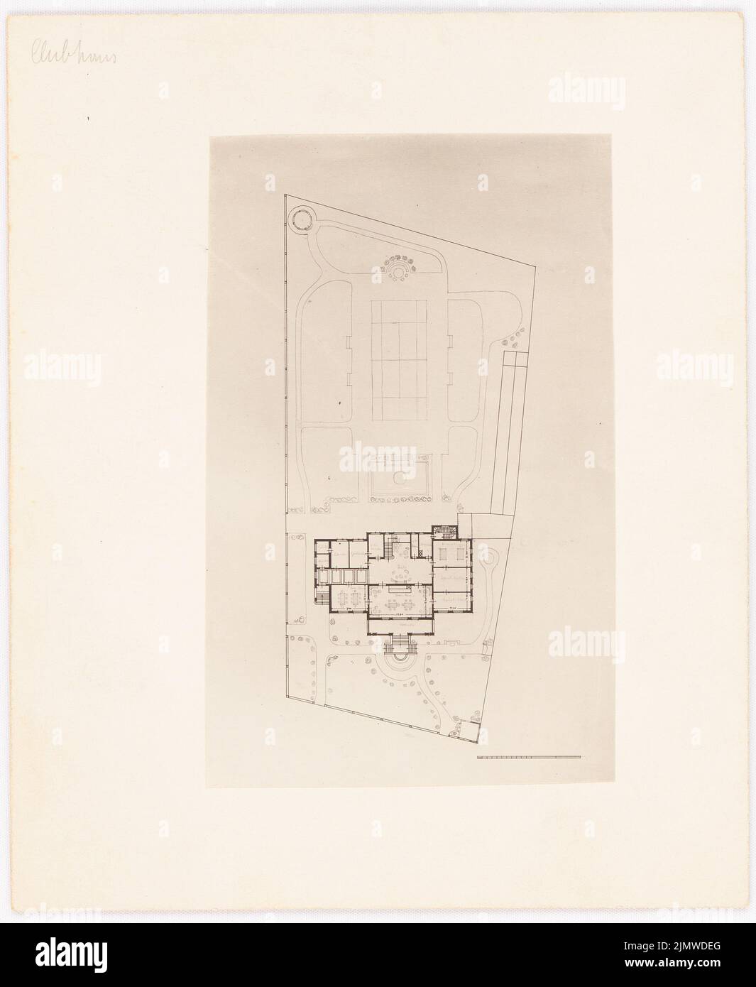 Michel Paul sen. (1877-1938), clubhouse (without date): site plan, scale bar. Photo on paper, 23.7 x 19.4 cm (including scan edges) Michel Paul sen.  (1877-1938): Klubhaus Stock Photo