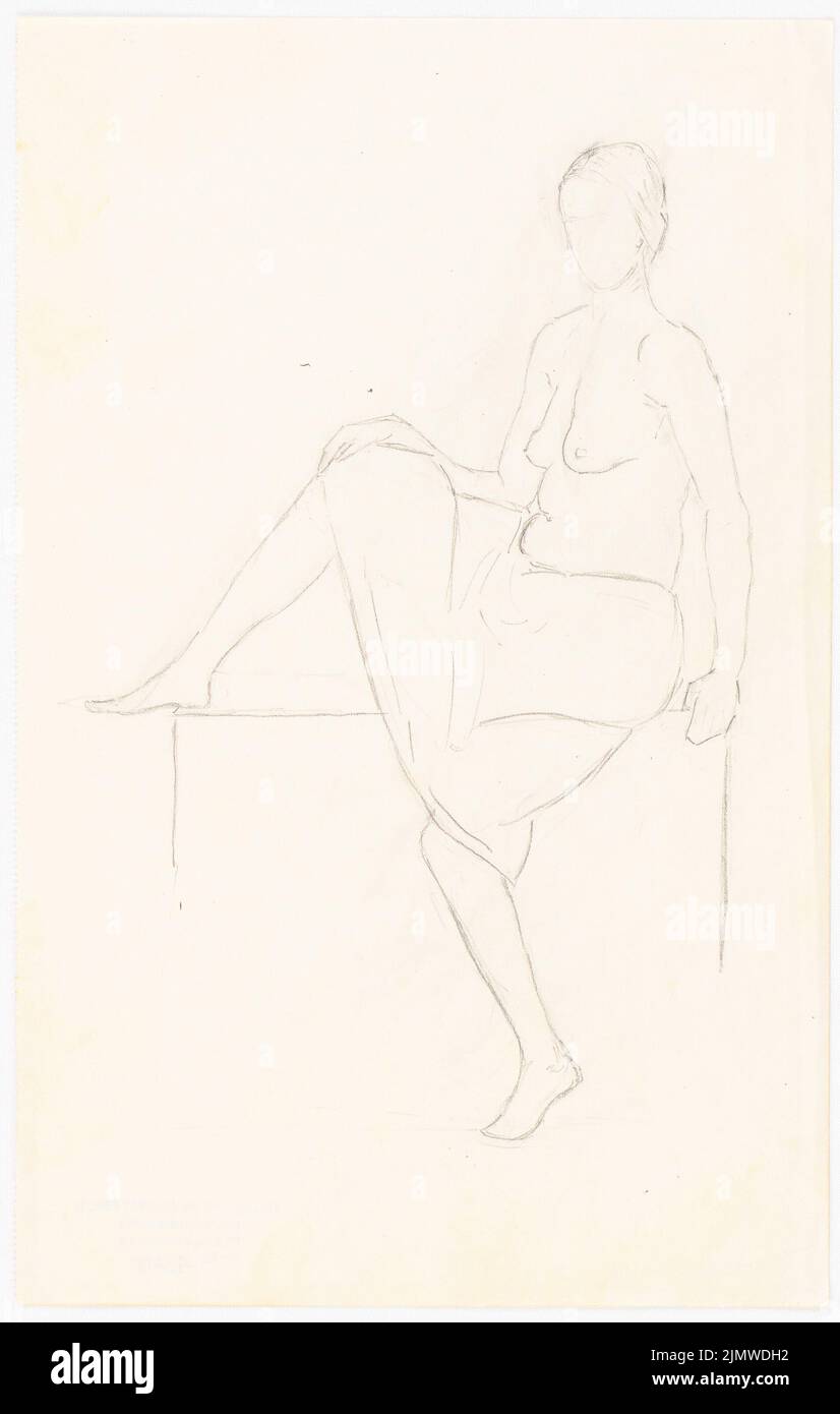 Michel Paul jun. (1922-1943), female act sitting. Half act with skirt (approx. 1940): Sketch front view woman from the left facing the viewer, sitting, the right leg is supported. Pencil on paper, 32.5 x 20.7 cm (including scan edges) Michel Paul jun.  (1922-1943): Weiblicher Akt sitzend. Halbakt mit Rock Stock Photo