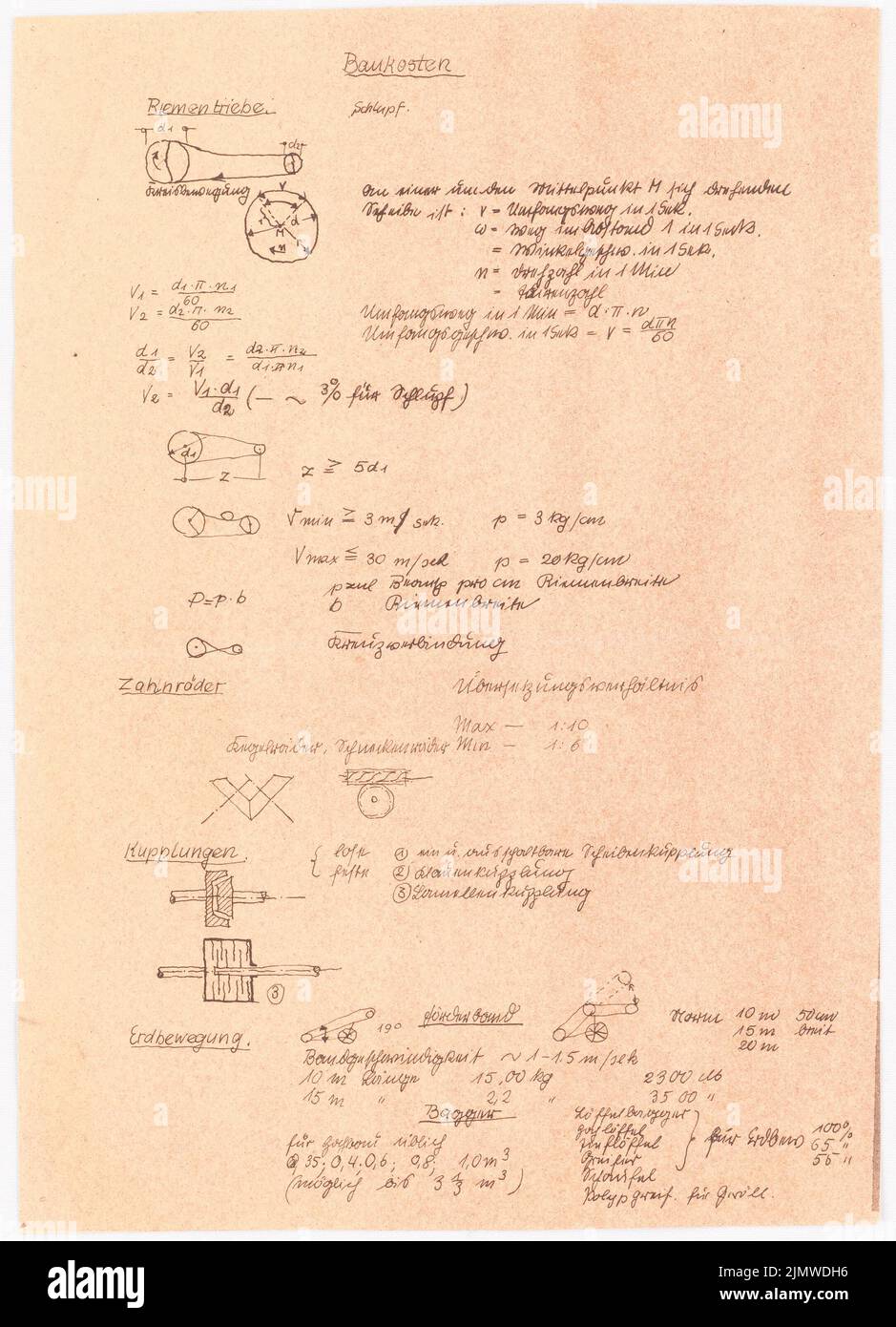 Michel Paul jun. (1922-1943), study documents. Task sheets and drawing templates (approx. 1940): u. A. Construction costs belt companies, gears, couplings and earth movement, screws and rivets, tables and diagrams for comparison machine hand. Pressure and break on paper, 29.9 x 21.6 cm (including scan edges) Michel Paul jun.  (1922-1943): Studienunterlagen. Aufgabenblätter und Zeichenvorlagen Stock Photo