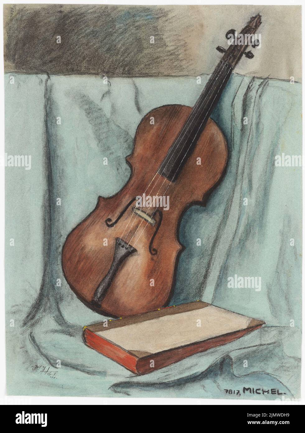 Michel Paul jun. (1922-1943), cello and book (01.03.1941): front view diagonally to the right on draped turquoise cloth based cello (with a broken neck?) Behind brown book. Coal watercolor on paper, 61.3 x 46.3 cm (including scan edges) Michel Paul jun.  (1922-1943): Cello und Buch Stock Photo