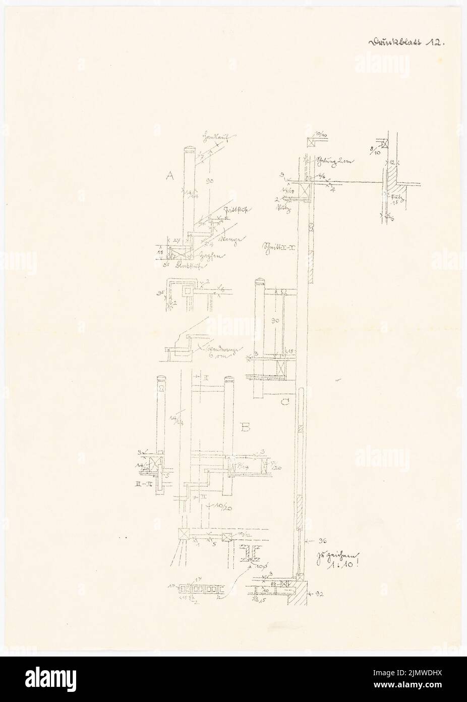 Michel Paul jun. (1922-1943), task sheets and drawing templates. Stair runs (approx. 1940/1941): Details of staircases, steps etc., cuts, to draw 1:10. Pencil over pressure on paper, 42.8 x 30.5 cm (including scan edges) Michel Paul jun.  (1922-1943): Aufgabenblätter und Zeichenvorlagen. Treppenläufe Stock Photo