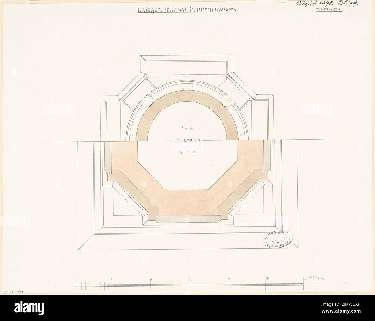 Unknown architect, a fallen monument in Mühlhausen. Monthly competition August 1878 (08.1878): floor plan on 2 levels (half each); Scale bar. Tusche watercolor on the box, 39.2 x 49.8 cm (including scan edges) N.N. : Gefallenendenkmal, Mühlhausen. Monatskonkurrenz August 1878 Stock Photo
