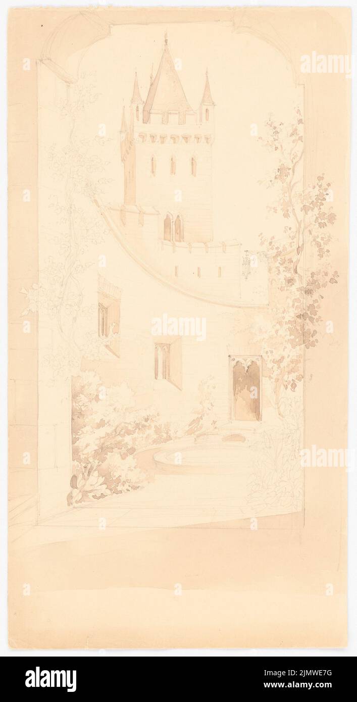 Persius Reinhold (1835-1912), Burg (without dat.): Perspective view from the Innernhof (?). Pencil watercolored on paper, 34.2 x 18.6 cm (including scan edges) Persius Reinhold  (1835-1912): Burg Stock Photo