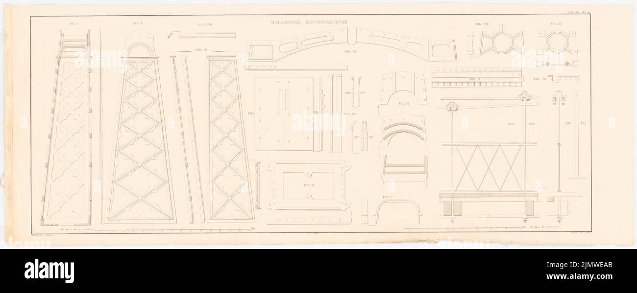 Schottelius, chain bridge in Malapane (1828-1828): Portals, cross-section of the pillars, details (from: Construction of the Prussian State, Vol. 1, Bl. 26). Stitch on paper, 27.4 x 69.9 cm (including scan edges) Schottelius : Kettenbrücke, Malapane. (Aus: Bauausführungen des preußischen Staats, Bd. 1) Stock Photo