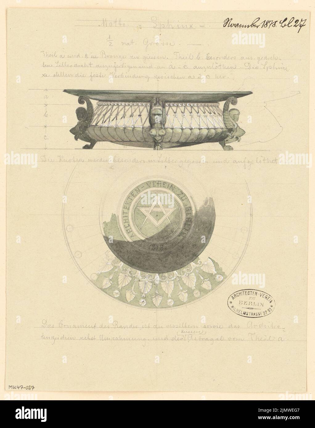 Unknown architect, collection device for ballot papers for the architect association in Berlin. Monthly competition November 1878 (11.1878): View, top view 1: 2 (partially); Explanation text. Pencil watercolored and white heighted on paper, 32 x 25.2 cm (including scan edges) N.N. : Sammelgerät für Stimmzettel für der Architekten-Verein in Berlin. Monatskonkurrenz November 1878 Stock Photo