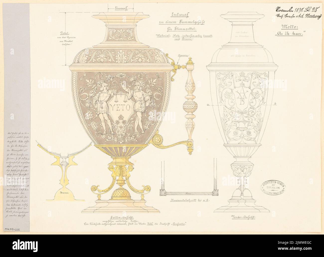 Hartung Adolf (1850-1910), collection device for ballot papers for the architect association in Berlin. Monthly competition November 1878 (11.1878): front view, side view, vertical cut, horizontal cut; Explanation text. Tusche watercolor on paper, 35.6 x 49.3 cm (including scan edges) Hartung Adolf  (1850-1910): Sammelgerät für Stimmzettel für der Architekten-Verein in Berlin. Monatskonkurrenz November 1878 Stock Photo