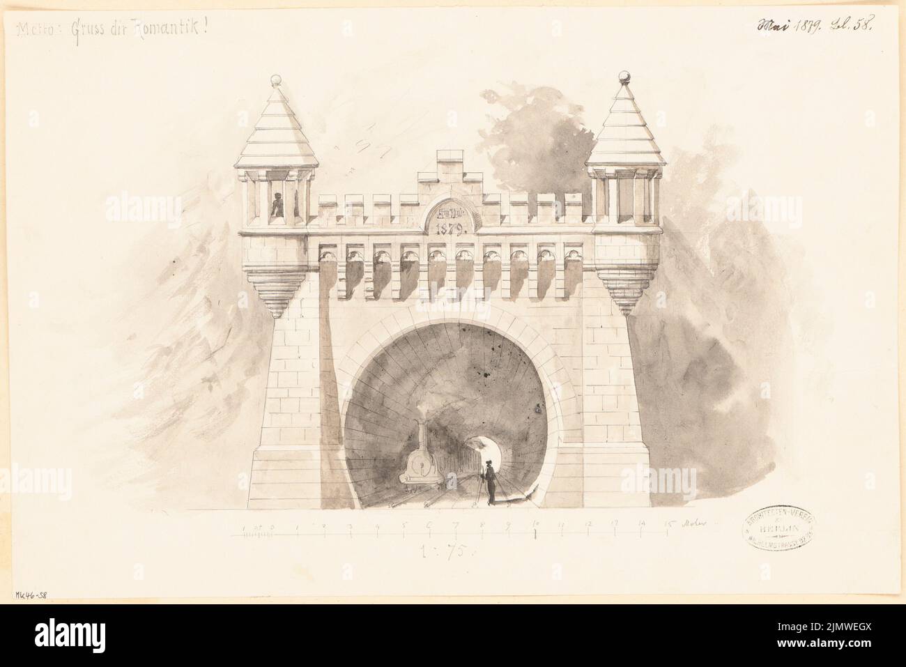 Unknown architect, tunnel portal. Monthly competition May 1879 (05.1879): Perspective view; Scale bar. Pencil watercolored on paper, 30.4 x 45.5 cm (including scan edges) N.N. : Tunnelportal. Monatskonkurrenz Mai 1879 Stock Photo