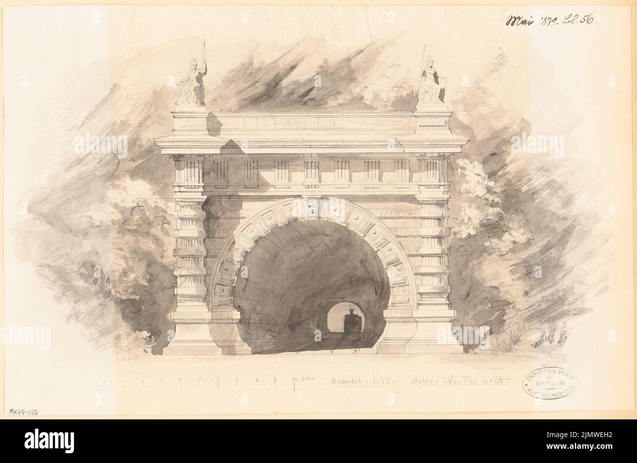 Unknown architect, tunnel portal. Monthly competition May 1879 (05.1879): 3rd variant: Upper front view 1:75 (see MK 47-055). Pencil watercolored on paper, 29.1 x 44.2 cm (including scan edges) N.N. : Tunnelportal. Monatskonkurrenz Mai 1879 Stock Photo
