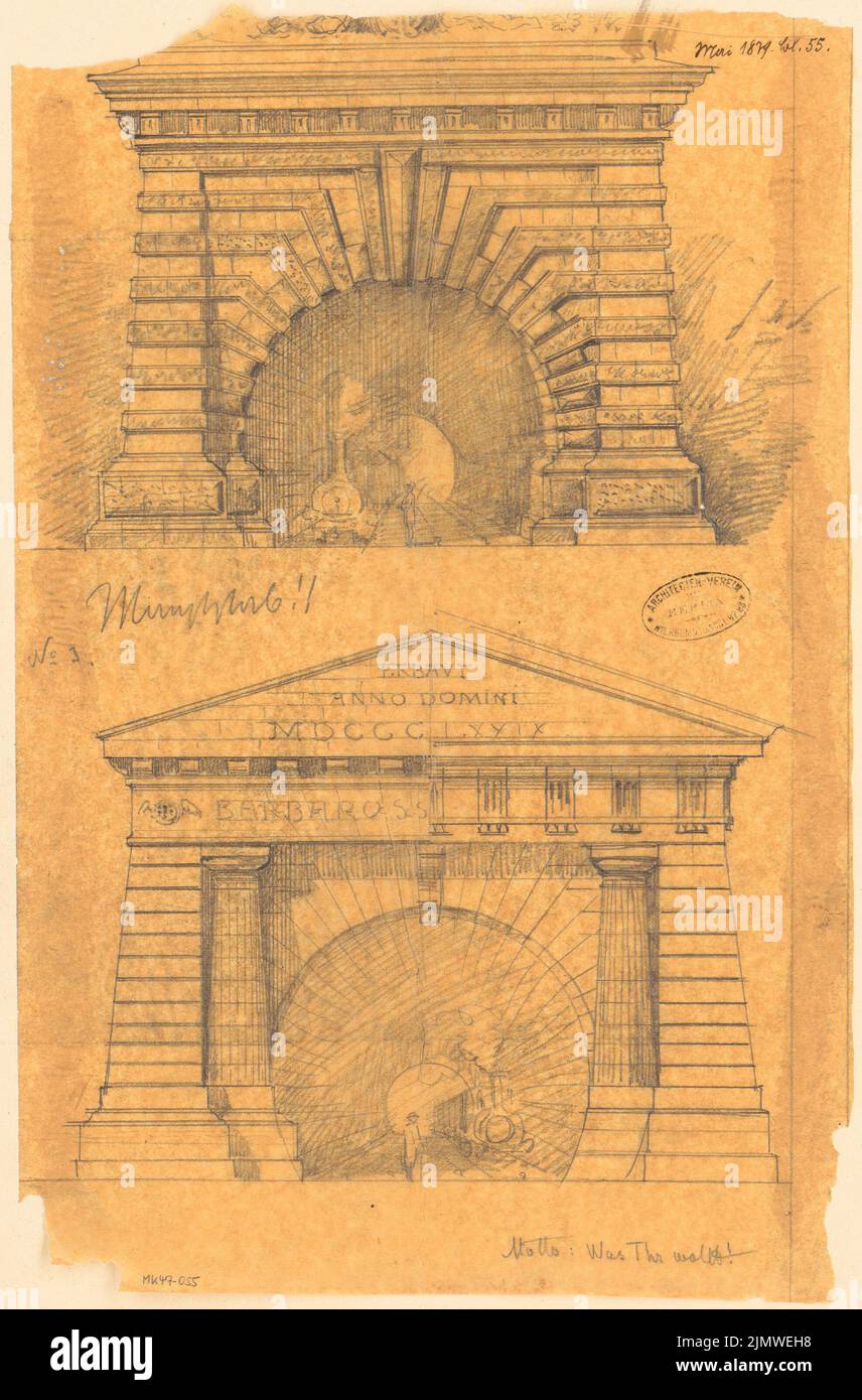 Unknown architect, tunnel portal. Monthly competition May 1879 (05.1879): 2 variants: Upper front view. Pencil on transparent, 45.4 x 29.9 cm (including scan edges) N.N. : Tunnelportal. Monatskonkurrenz Mai 1879 Stock Photo