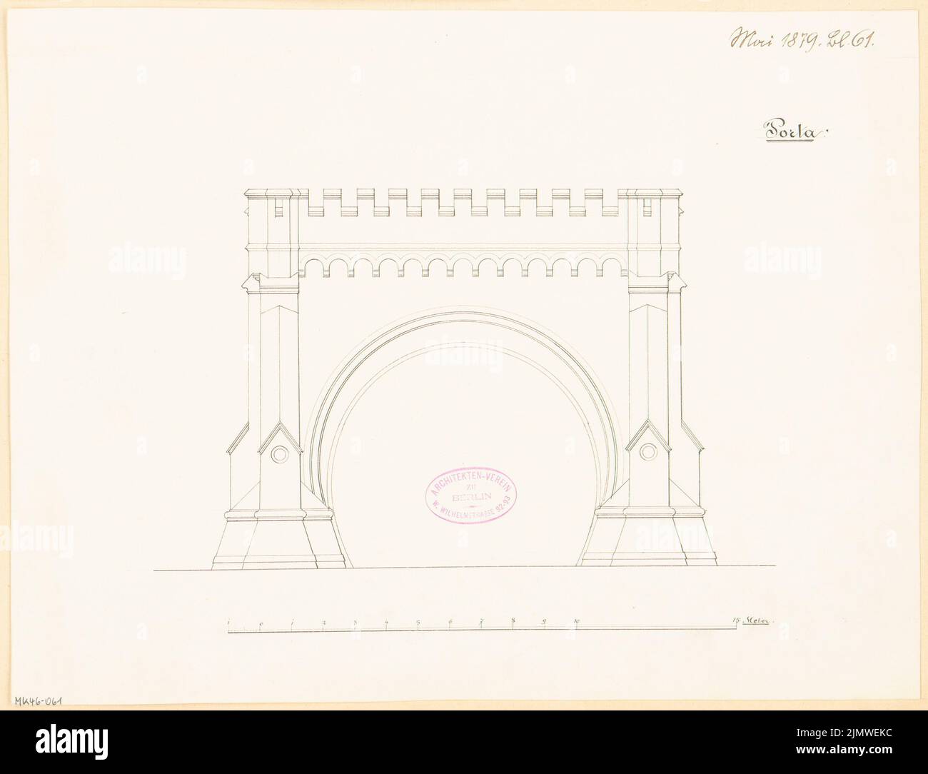 Unknown architect, tunnel portal. Monthly competition May 1879 (05.1879): Upper front view; Scale bar. Ink on paper, 29.4 x 38.5 cm (including scan edges) N.N. : Tunnelportal. Monatskonkurrenz Mai 1879 Stock Photo