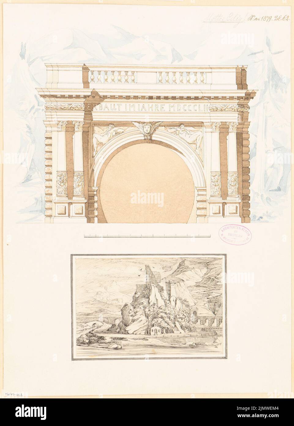 Unknown architect, tunnel portal. Monthly competition May 1879 (05.1879): Upper front view, perspective view; Scale bar. Tusche watercolor on the box, 45.6 x 33.7 cm (including scan edges) N.N. : Tunnelportal. Monatskonkurrenz Mai 1879 Stock Photo