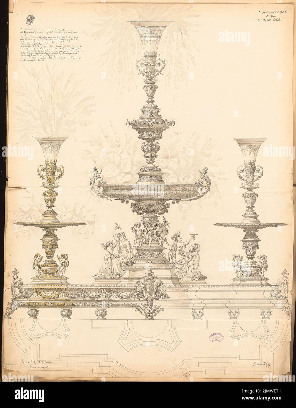 Pahlen Heinrich (died 1894), table attachment. Monthly competition January 1879 (01.1879): View Mittelstez, candle holder, fruit bowl, bouquet holder 1: 1; Explanation text. Ink in watercolor and white heighted on the box, 100.5 x 78 cm (including scan edges) Pahlen Heinrich  (gest. 1894): Tafelaufsatz. Monatskonkurrenz Januar 1879 Stock Photo