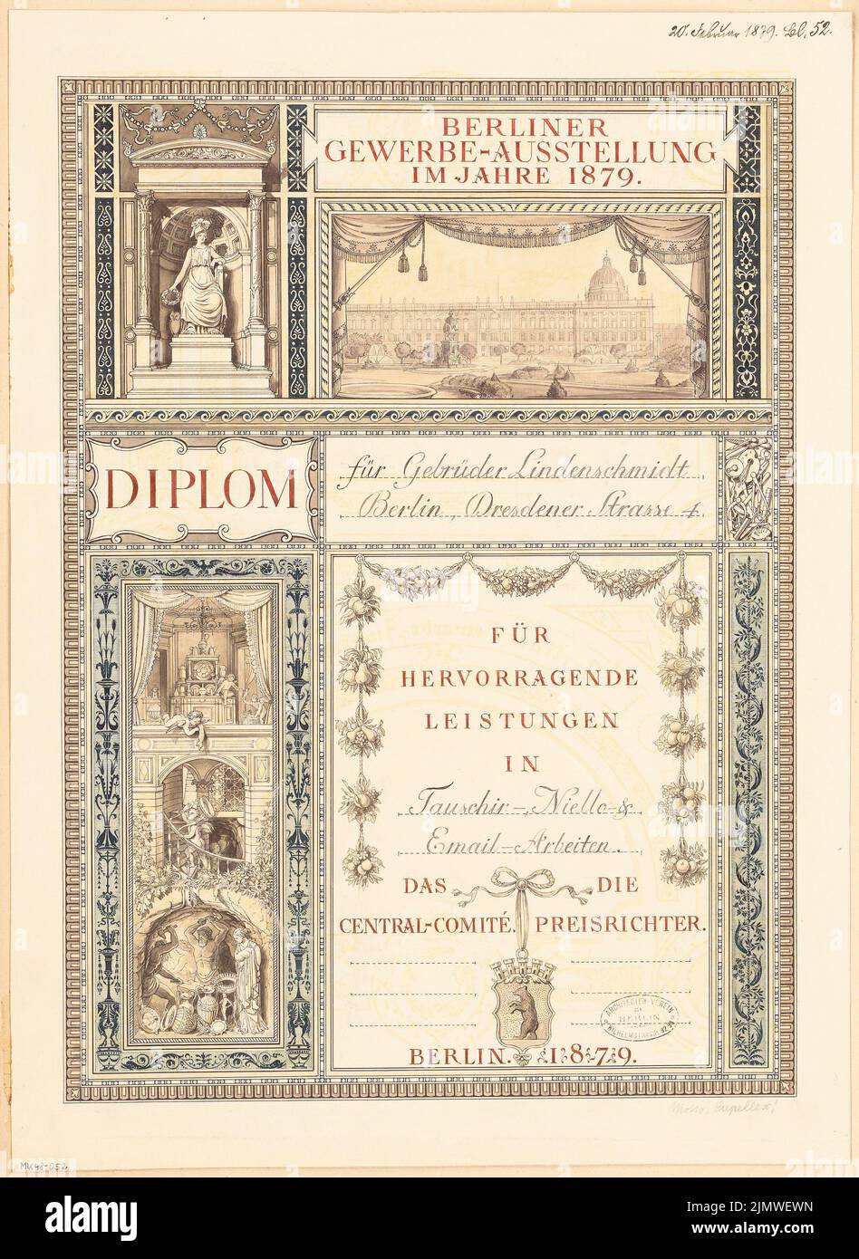 Unknown architect, diploma for the Berlin trade exhibition 1879. Monthly competition February 1879 (02.1879): View. Tusche watercolor on the box, 57.9 x 42.3 cm (including scan edges) N.N. : Diplom für die Berliner Gewerbeausstellung 1879. Monatskonkurrenz Februar 1879 Stock Photo
