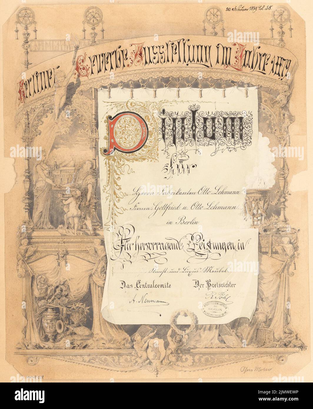 Unknown architect, diploma for the Berlin trade exhibition 1879. Monthly competition February 1879 (02.1879): View. Pencil watercolored and white heighted on paper, 54.4 x 44.5 cm (including scan edges) N.N. : Diplom für die Berliner Gewerbeausstellung 1879. Monatskonkurrenz Februar 1879 Stock Photo