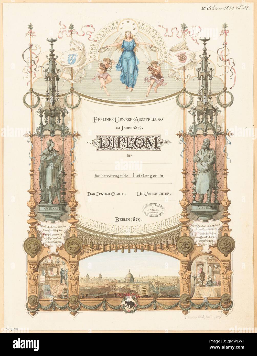 Unknown architect, diploma for the Berlin trade exhibition 1879. Monthly competition February 1879 (02.1879): View. Tusche watercolor on the box, 56.4 x 43.6 cm (including scan edges) N.N. : Diplom für die Berliner Gewerbeausstellung 1879. Monatskonkurrenz Februar 1879 Stock Photo