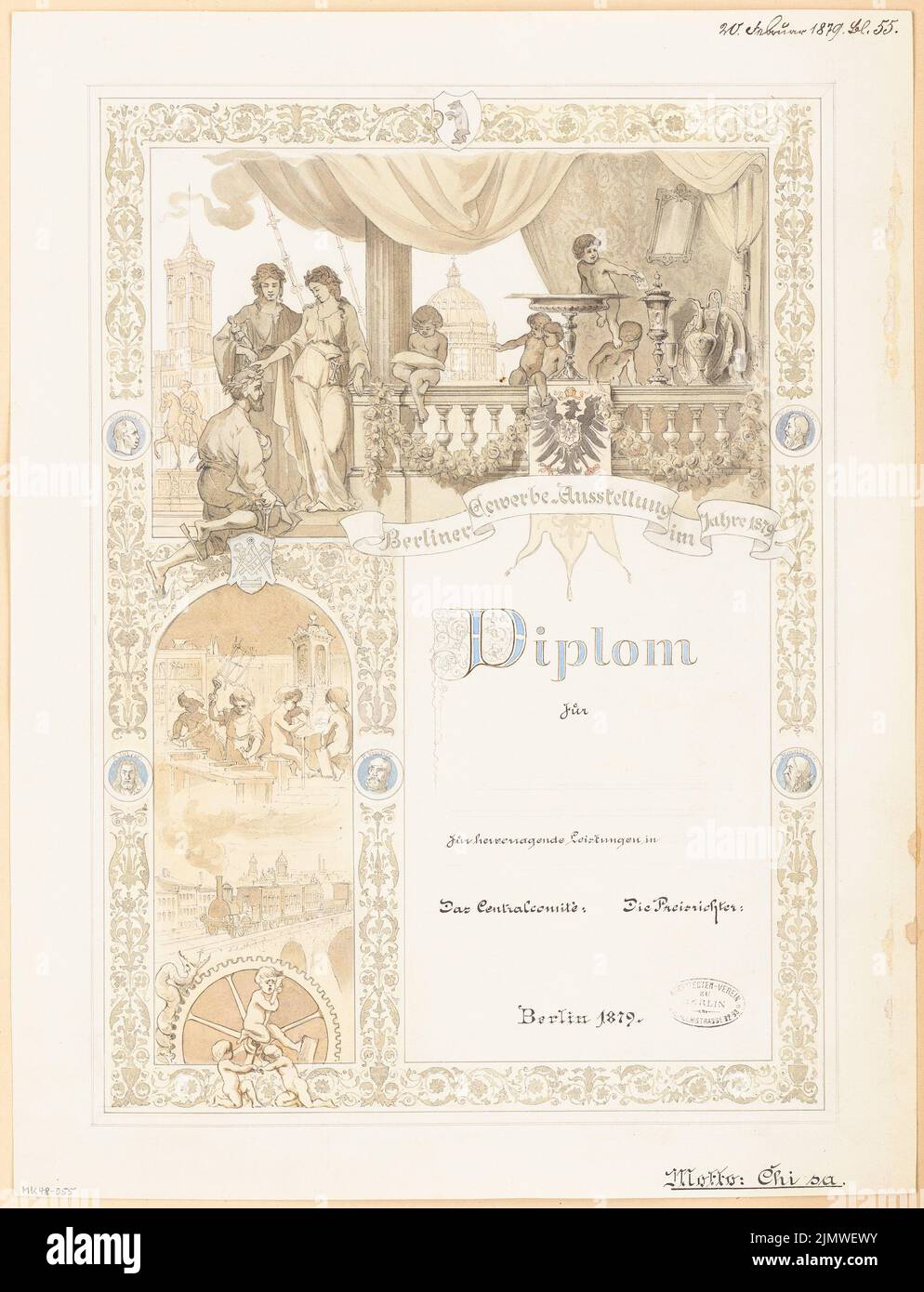 Unknown architect, diploma for the Berlin trade exhibition 1879. Monthly competition February 1879 (02.1879): View. Tusche watercolor on the box, supplemented with pencil, 56.5 x 43.3 cm (including scan edges) N.N. : Diplom für die Berliner Gewerbeausstellung 1879. Monatskonkurrenz Februar 1879 Stock Photo