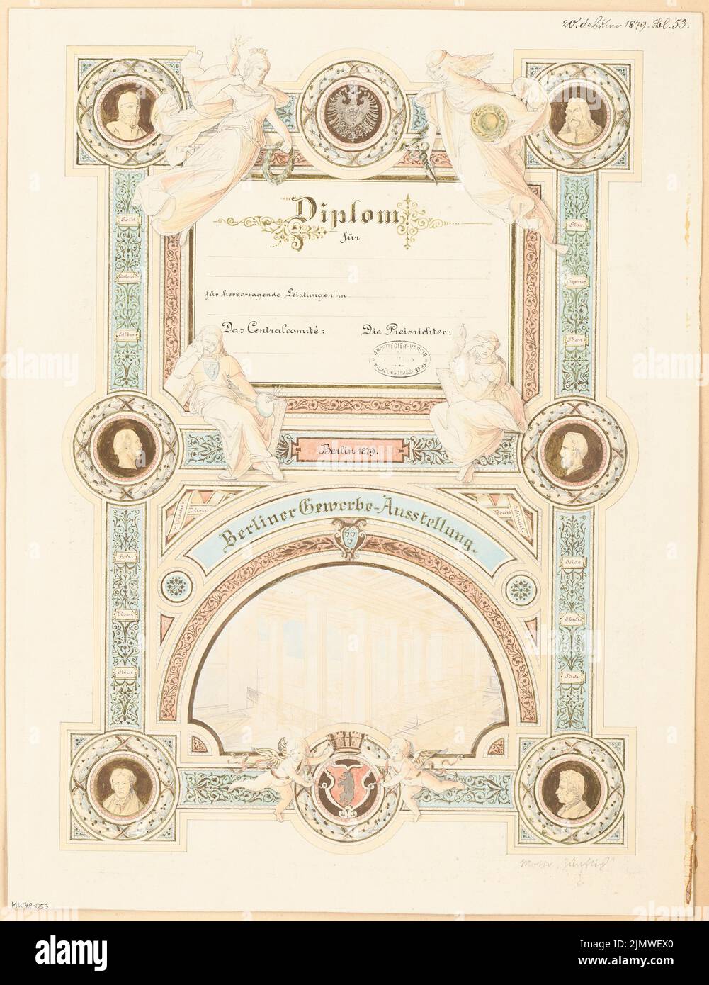 Unknown architect, diploma for the Berlin trade exhibition 1879. Monthly competition February 1879 (02.1879): View. Ink and pencil watercolored on the box, 57.4 x 44.2 cm (including scan edges) N.N. : Diplom für die Berliner Gewerbeausstellung 1879. Monatskonkurrenz Februar 1879 Stock Photo