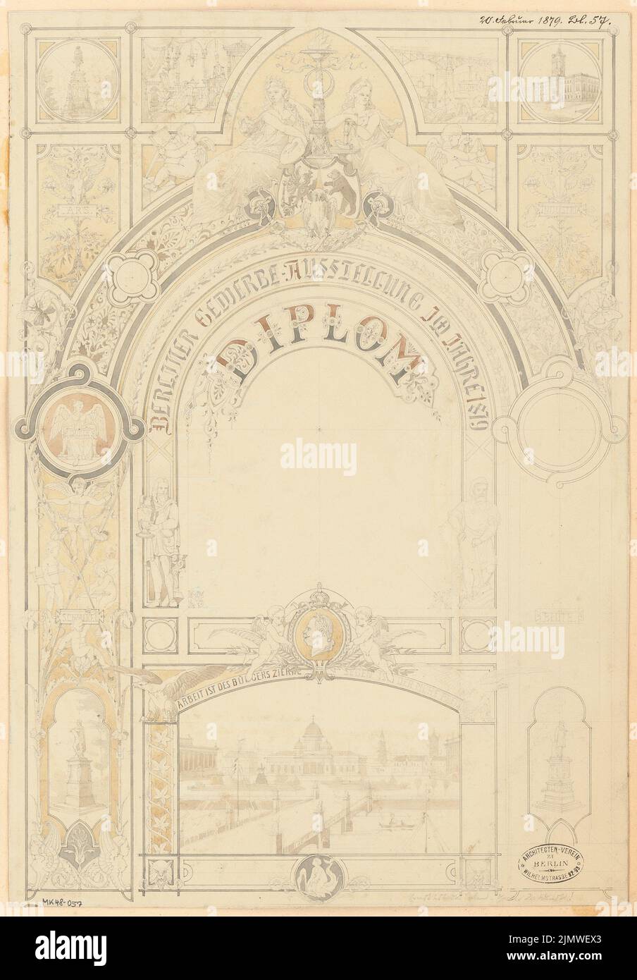 Unknown architect, diploma for the Berlin trade exhibition 1879. Monthly competition February 1879 (02.1879): View. Pencil watercolor on the box, 53.5 x 37.2 cm (including scan edges) N.N. : Diplom für die Berliner Gewerbeausstellung 1879. Monatskonkurrenz Februar 1879 Stock Photo