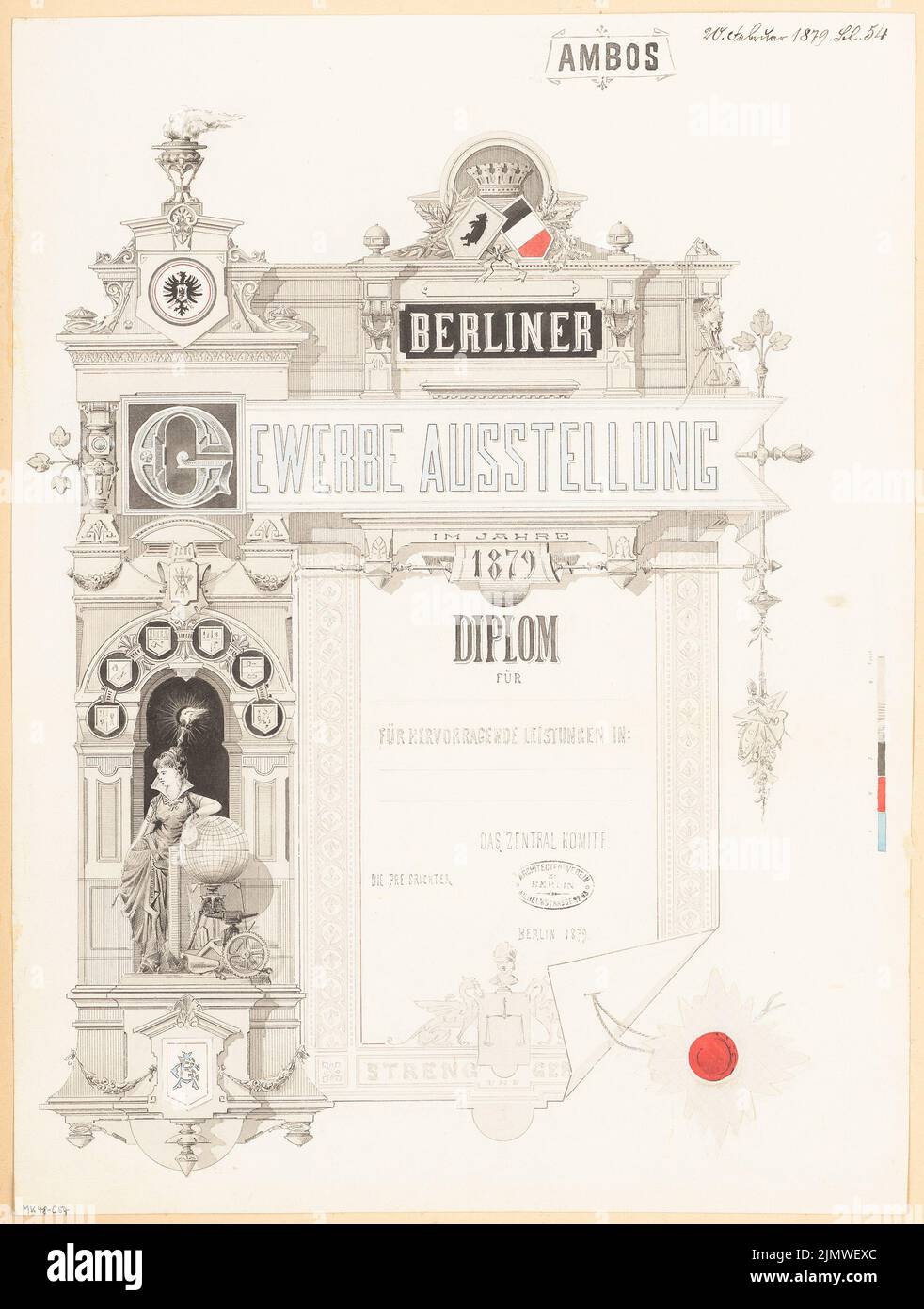 Unknown architect, diploma for the Berlin trade exhibition 1879. Monthly competition February 1879 (02.1879): View. Ink watercolor on the box, supplemented with pencil, 57.1 x 43.2 cm (including scan edges) N.N. : Diplom für die Berliner Gewerbeausstellung 1879. Monatskonkurrenz Februar 1879 Stock Photo
