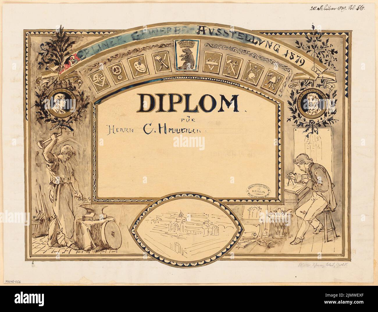 Unknown architect, diploma for the Berlin trade exhibition 1879. Monthly competition February 1879 (02.1879): View. Tusche watercolor on the box, 43.9 x 58.1 cm (including scan edges) N.N. : Diplom für die Berliner Gewerbeausstellung 1879. Monatskonkurrenz Februar 1879 Stock Photo