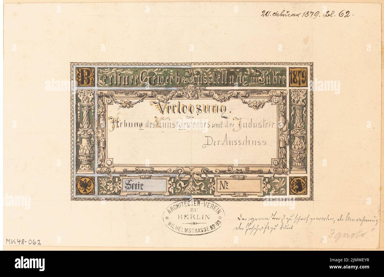 Unknown architect, going for the Berlin trade exhibition 1879. Monthly competition February 1879 (02.1879): View; Explanation text. Tusche watercolor on the box, 15.4 x 23.6 cm (including scan edges) N.N. : Los für die Berliner Gewerbeausstellung 1879. Monatskonkurrenz Februar 1879 Stock Photo