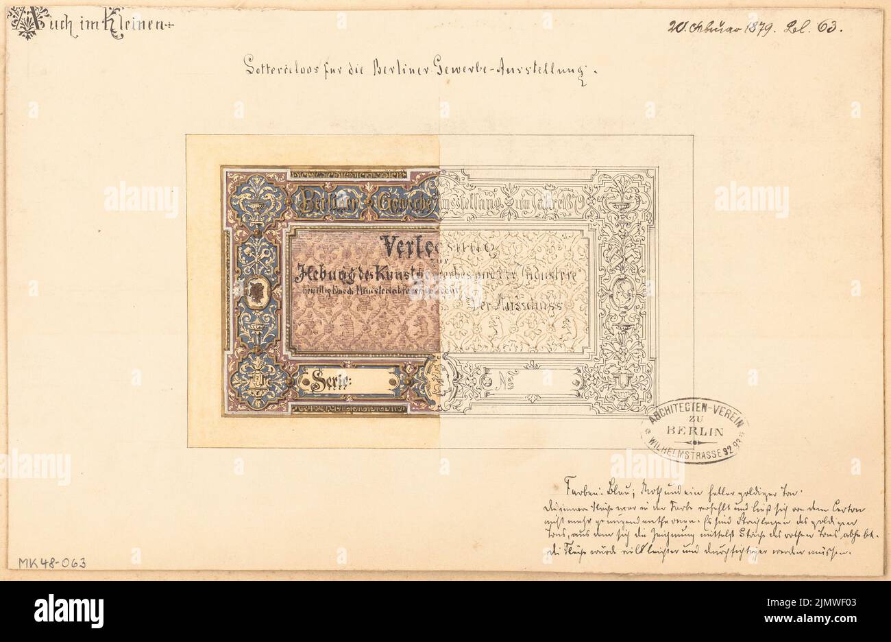 Unknown architect, going for the Berlin trade exhibition 1879. Monthly competition February 1879 (02.1879): View; Explanation text. Tusche watercolor on the box, 20.2 x 31.1 cm (including scan edges) N.N. : Los für die Berliner Gewerbeausstellung 1879. Monatskonkurrenz Februar 1879 Stock Photo