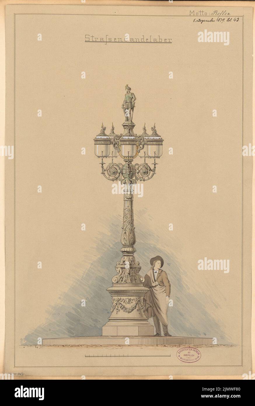 Unknown architect, street scandala. Monthly competition December 1879 (12,1879): Upper; Scale bar. Ink watercolor and white heighted on the cardboard, 58.6 x 39.4 cm (including scan edges) N.N. : Straßenkandelaber. Monatskonkurrenz Dezember 1879 Stock Photo