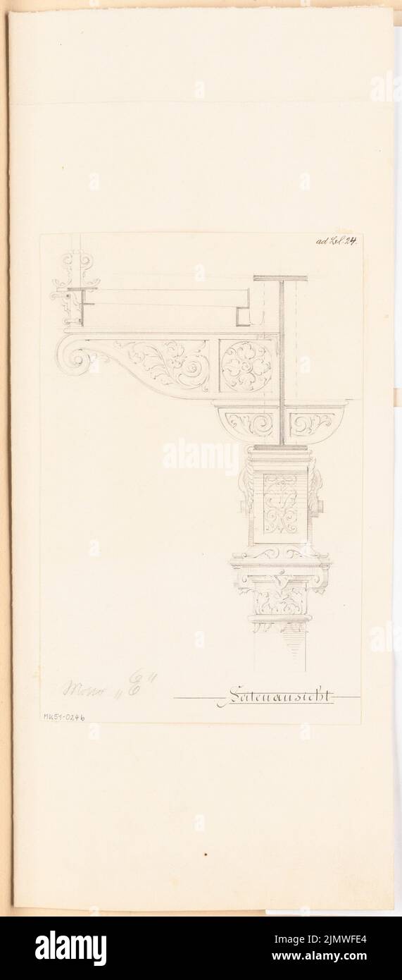 Unknown architect, architectural shape of the underpasses of the Berlin Stadtbahn. Monthly competition March 1880 (03.1880): Riss side view of the column head, the console and the subside of the railing. Pencil on cardboard, 53 x 23.3 cm (including scan edges) N.N. : Architektonische Formgebung der Unterführungen der Berliner Stadtbahn. Monatskonkurrenz März 1880 Stock Photo