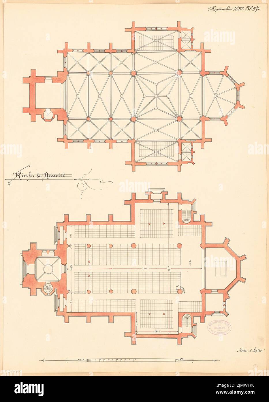 Unknown architect, Evangelical Church in Neuwied. Monthly competition September 1880 (09.1880): floor plan ground floor, gallery floor; Scale bar. Tusche watercolor on the box, 59.3 x 42.6 cm (including scan edges) N.N. : Evangelische Kirche, Neuwied. Monatskonkurrenz September 1880 Stock Photo