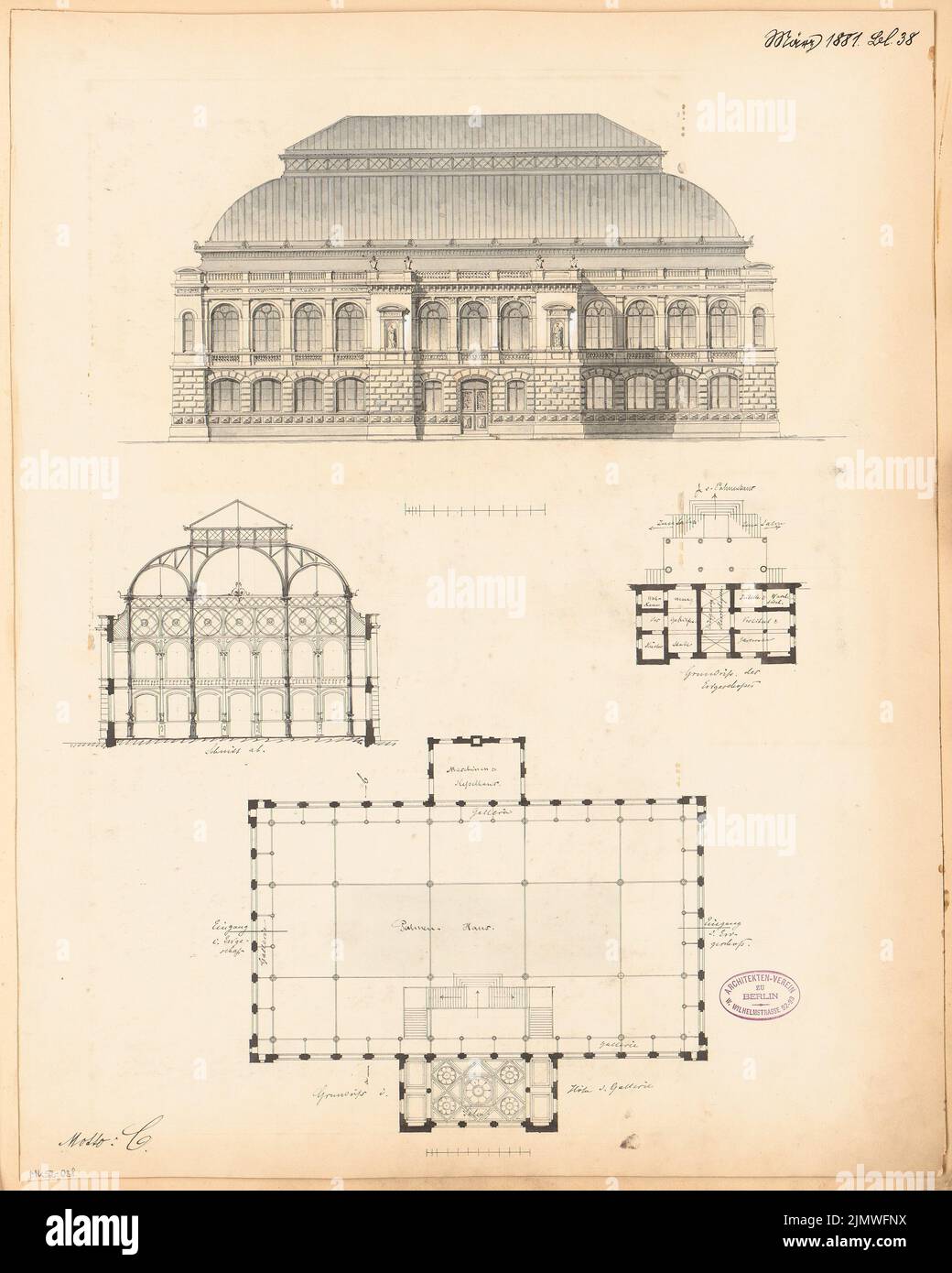 Hesse Paul (1855-1913), palm house. Monthly competition March 1881 (03.1881): floor plan ground floor, upper floor, upright front view, cross -section; 2 scale strips. Tusche watercolor on the box, 56 x 44.8 cm (including scan edges) Hesse Paul  (1855-1913): Palmenhaus. Monatskonkurrenz März 1881 Stock Photo