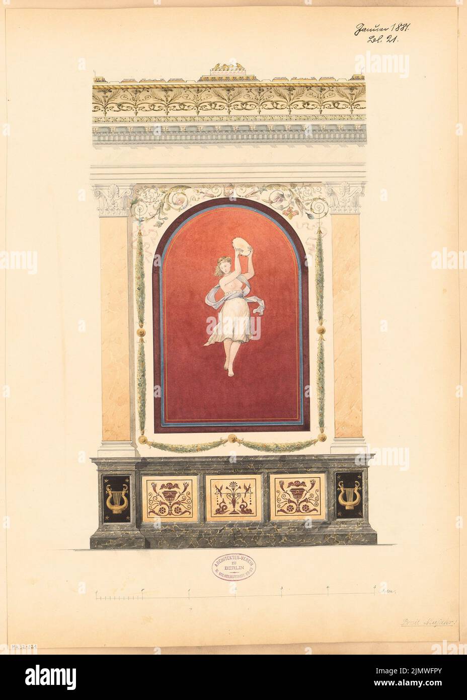 unknown architect, loggia. Monthly competition January 1881 (01.1881): Upper wall view (neckline); Scale bar. Tusche watercolor on the box, 56.1 x 40 cm (including scan edges) N.N. : Loggia. Monatskonkurrenz Januar 1881 Stock Photo