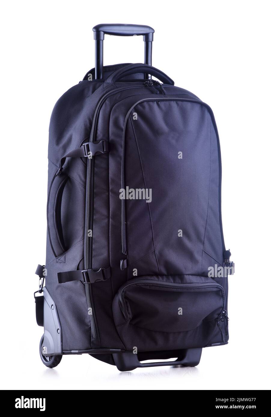 Large black tourist backpack with wheels isolated on white background Stock Photo