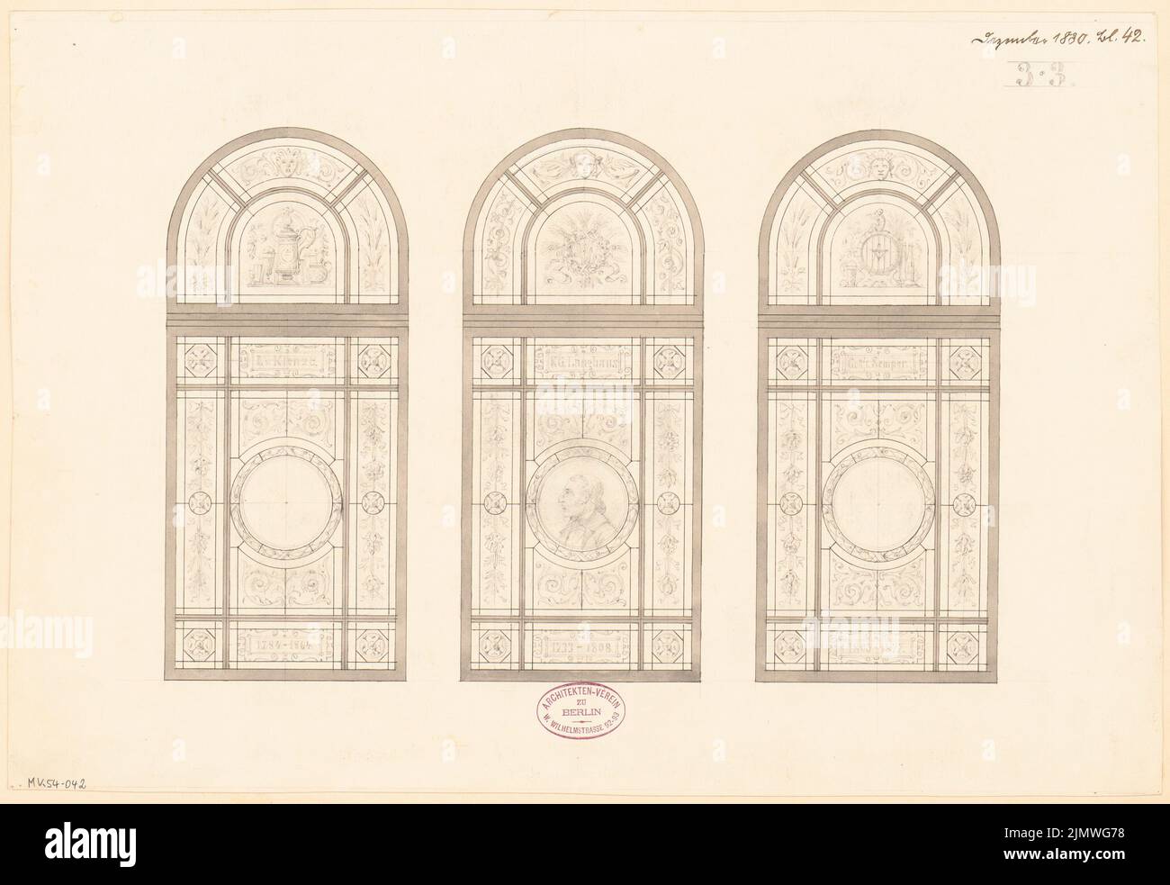 Unknown architect, window for the house of the architect association in Berlin. Monthly competition December 1880 (1st competition) (12,1880): 3 views. Ink and pencil watercolored on the box, 33.8 x 49.3 cm (including scan edges) N.N. : Fenster für das Haus des Architekten-Vereins zu Berlin. Monatskonkurrenz Dezember 1880 (1. Wettbewerb) Stock Photo