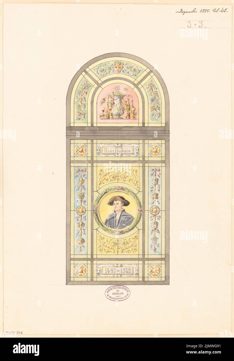 Unknown architect, window for the house of the architect association in Berlin. Monthly competition December 1880 (1st competition) (12,1880): View. Ink and pencil watercolor on the box, 50.4 x 35 cm (including scan edges) N.N. : Fenster für das Haus des Architekten-Vereins zu Berlin. Monatskonkurrenz Dezember 1880 (1. Wettbewerb) Stock Photo