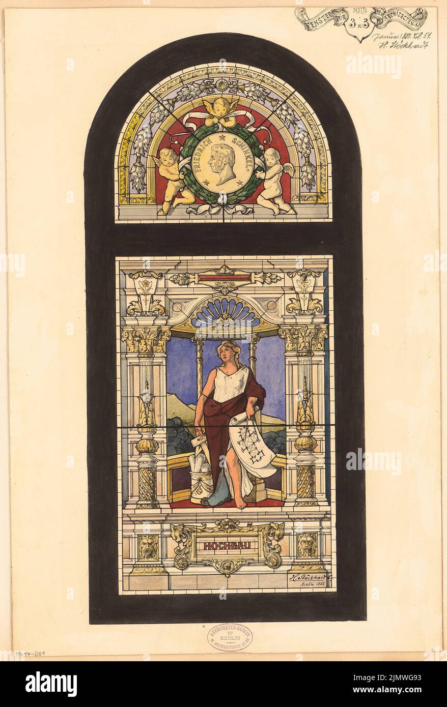 Stöckhardt Heinrich (1842-1920), window for the house of the architect association in Berlin. Monthly competition January 1881 (2nd competition) (01.1881): View (see print image MK 54-049). Tusche watercolor on the box, 55.7 x 37.7 cm (including scan edges) Stöckhardt Heinrich  (1842-1920): Fenster für das Haus des Architekten-Vereins zu Berlin. Monatskonkurrenz Januar 1881 (2. Wettbewerb) Stock Photo