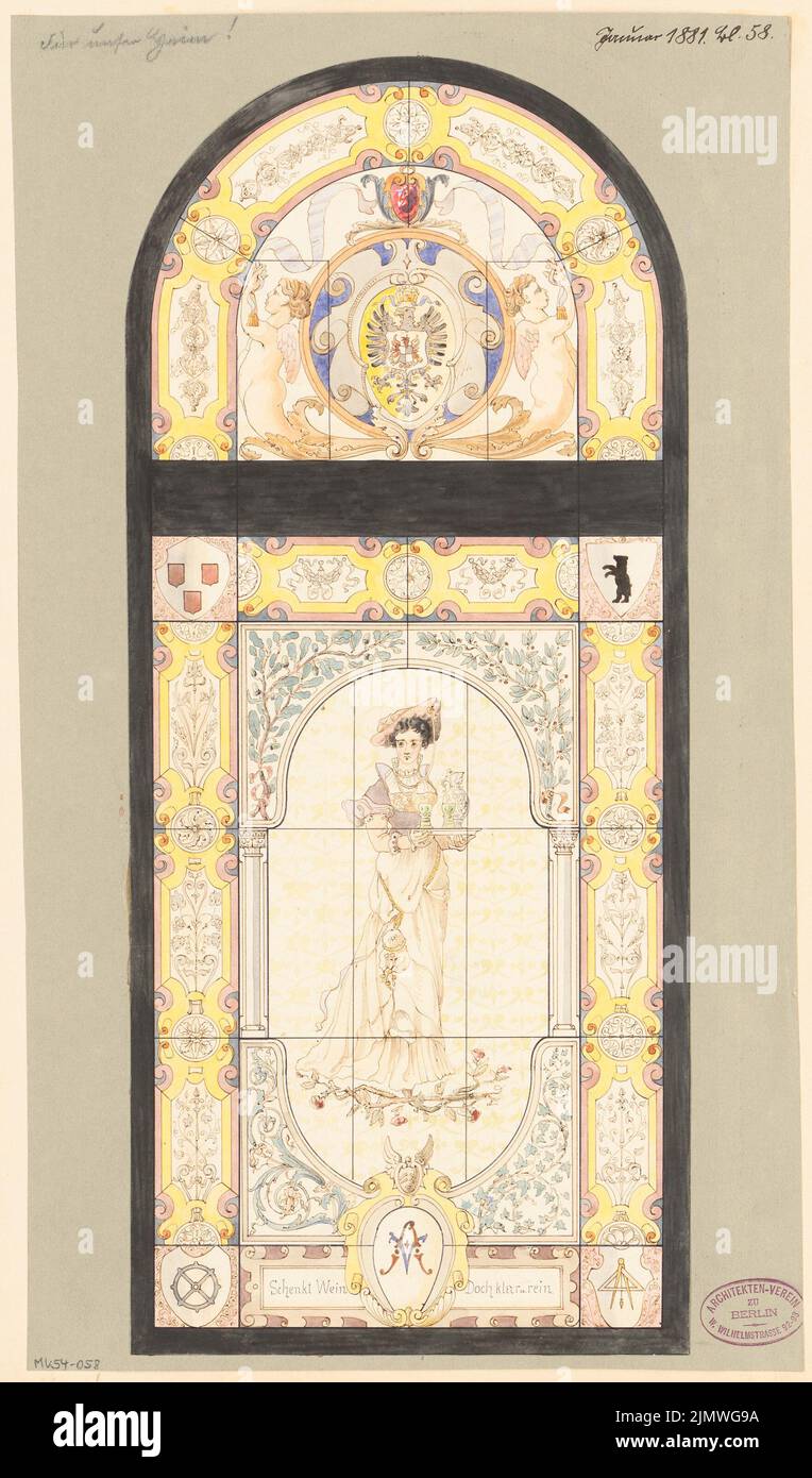 Unknown architect, window for the house of the architect association in Berlin. Monthly competition January 1881 (2nd competition) (01.1881): View. Tusche watercolor on the box, 49.3 x 29 cm (including scan edges) N.N. : Fenster für das Haus des Architekten-Vereins zu Berlin. Monatskonkurrenz Januar 1881 (2. Wettbewerb) Stock Photo