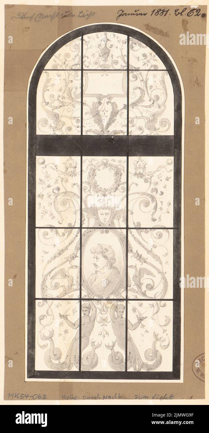 Unknown architect, window for the house of the architect association in Berlin. Monthly competition January 1881 (2nd competition) (01.1881): View. Tusche watercolor on paper, 27.3 x 14.1 cm (including scan edges) N.N. : Fenster für das Haus des Architekten-Vereins zu Berlin. Monatskonkurrenz Januar 1881 (2. Wettbewerb) Stock Photo