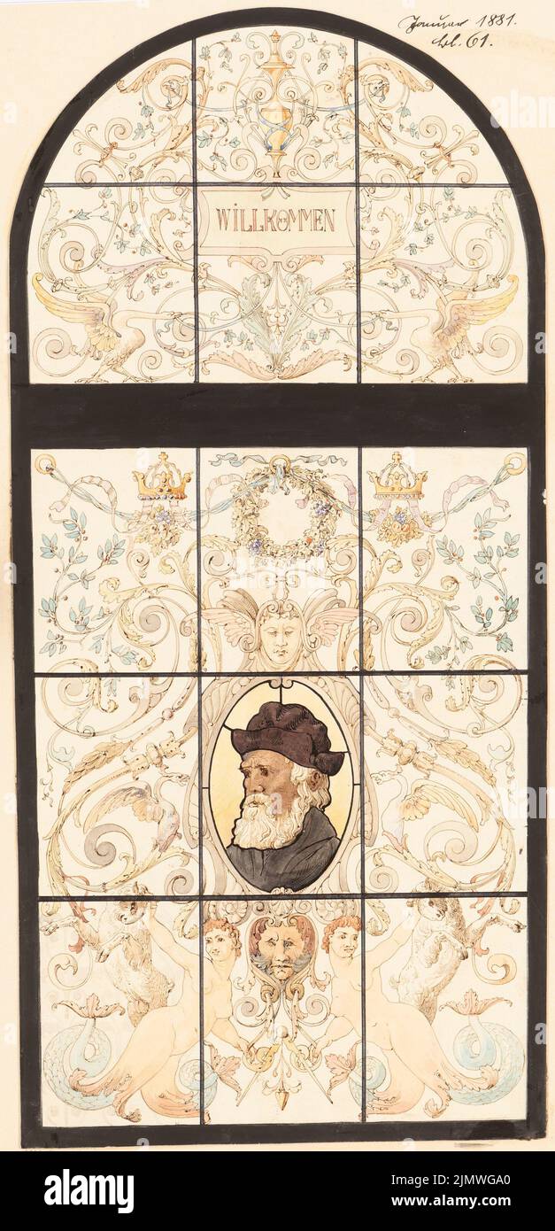 Unknown architect, window for the house of the architect association in Berlin. Monthly competition January 1881 (2nd competition) (01.1881): View. Tusche watercolor on the box, 47.7 x 23 cm (including scan edges) N.N. : Fenster für das Haus des Architekten-Vereins zu Berlin. Monatskonkurrenz Januar 1881 (2. Wettbewerb) Stock Photo