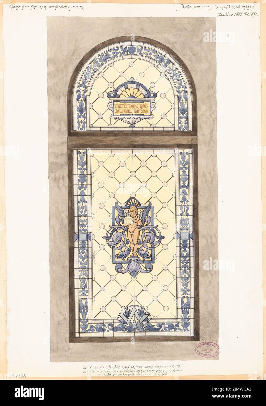 Unknown architect, window for the house of the architect association in Berlin. Monthly competition January 1881 (2nd competition) (01.1881): View; Explanation text. Tusche watercolor on the box, 58 x 40.7 cm (including scan edges) N.N. : Fenster für das Haus des Architekten-Vereins zu Berlin. Monatskonkurrenz Januar 1881 (2. Wettbewerb) Stock Photo
