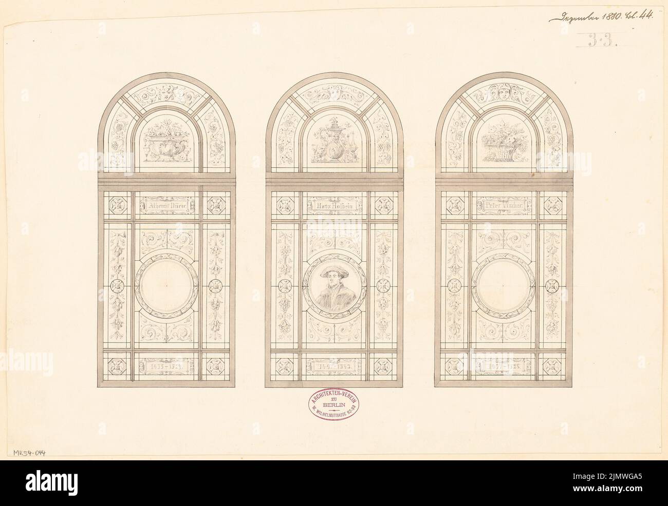 Unknown architect, window for the house of the architect association in Berlin. Monthly competition December 1880 (1st competition) (12,1880): 3 views. Ink and pencil watercolored on the box, 34 x 49.4 cm (including scan edges) N.N. : Fenster für das Haus des Architekten-Vereins zu Berlin. Monatskonkurrenz Dezember 1880 (1. Wettbewerb) Stock Photo