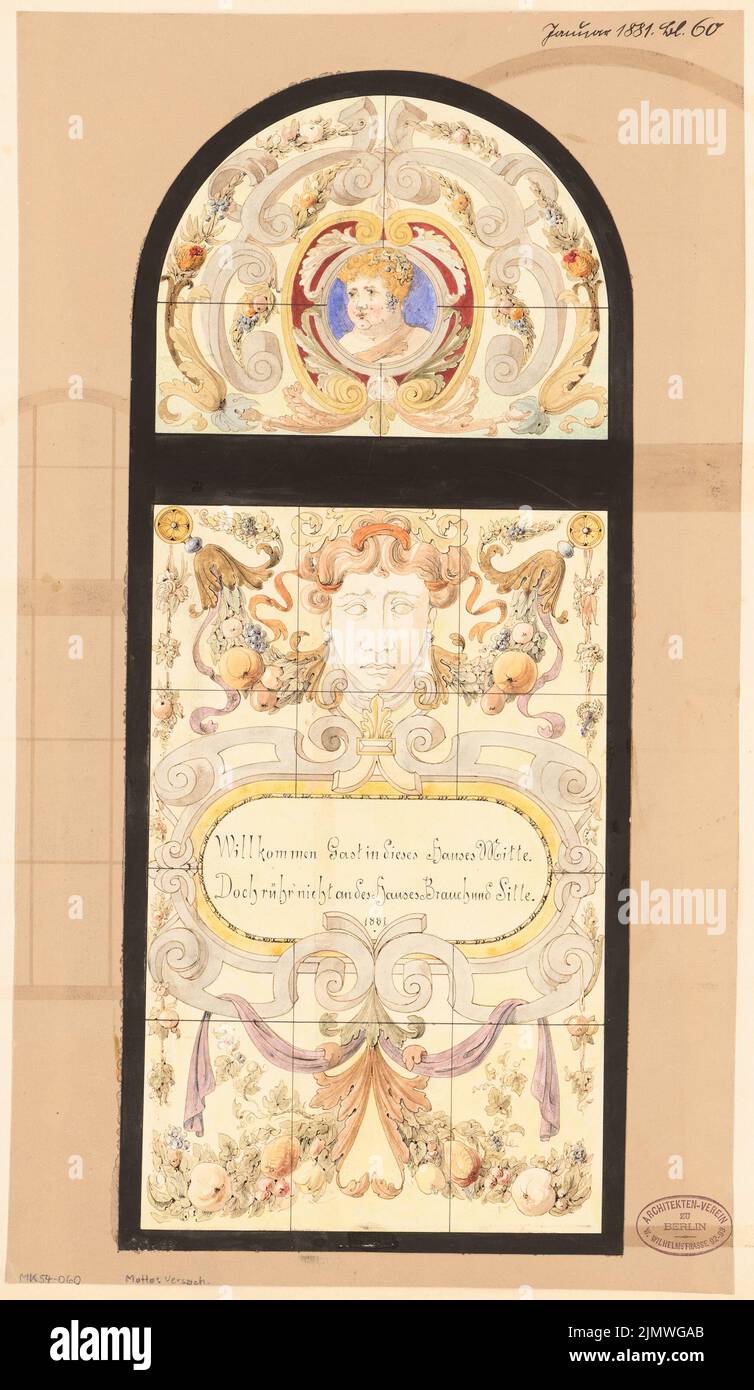 Unknown architect, window for the house of the architect association in Berlin. Monthly competition January 1881 (2nd competition) (01.1881): View. Tusche watercolor on paper, 51.1 x 29.6 cm (including scan edges) N.N. : Fenster für das Haus des Architekten-Vereins zu Berlin. Monatskonkurrenz Januar 1881 (2. Wettbewerb) Stock Photo