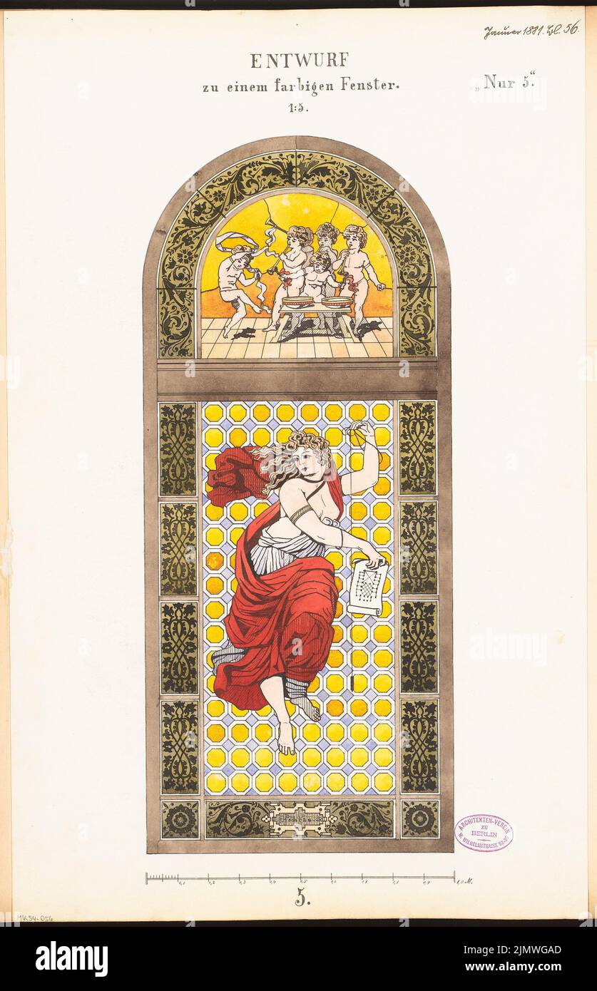 Unknown architect, window for the house of the architect association in Berlin. Monthly competition January 1881 (2nd competition) (01.1881): View 1: 5; Scale bar. Tusche watercolor on the box, 59.6 x 38.4 cm (including scan edges) N.N. : Fenster für das Haus des Architekten-Vereins zu Berlin. Monatskonkurrenz Januar 1881 (2. Wettbewerb) Stock Photo