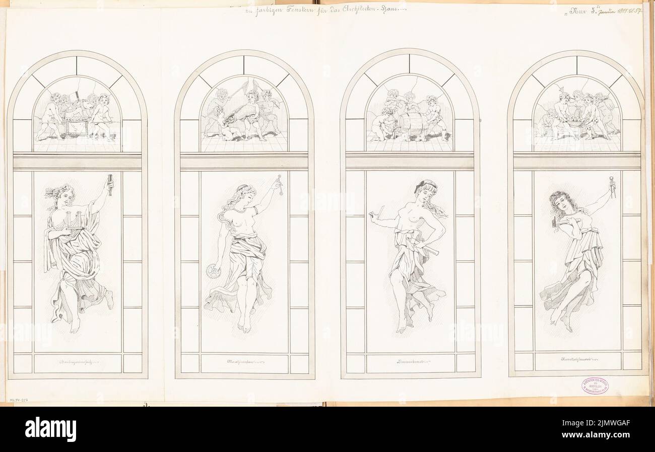 Unknown architect, window for the house of the architect association in Berlin. Monthly competition January 1881 (2nd competition) (01.1881): 4 views. Ink and pencil on cardboard, 57.3 x 92.2 cm (including scan edges) N.N. : Fenster für das Haus des Architekten-Vereins zu Berlin. Monatskonkurrenz Januar 1881 (2. Wettbewerb) Stock Photo