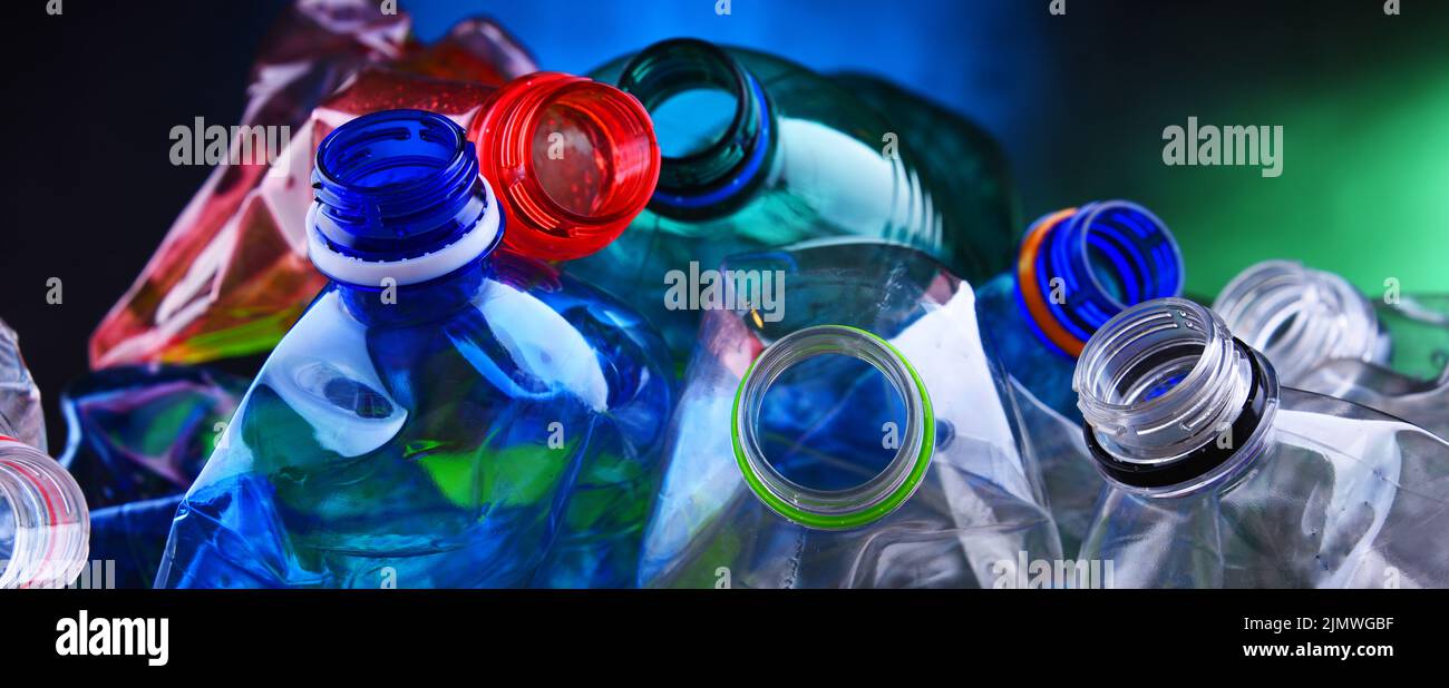 Empty colored carbonated drink bottles. Plastic waste Stock Photo