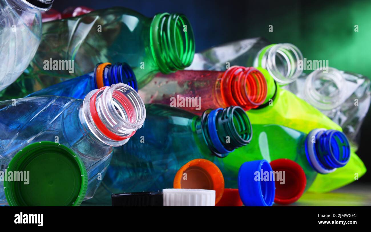 Empty colored carbonated drink bottles. Plastic waste Stock Photo