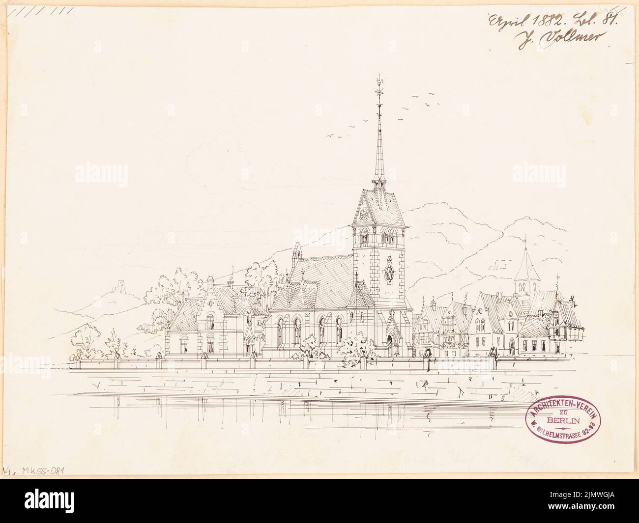 Vollmer Johannes (1845-1920), Catholic Church of St. Sturmius in Rinteln. Monthly competition April 1882 (04.1882): Perspective view. Ink on cardboard, 24.1 x 32.2 cm (including scan edges) Vollmer Johannes  (1845-1920): Katholische Kirche St. Sturmius, Rinteln. Monatskonkurrenz April 1882 Stock Photo