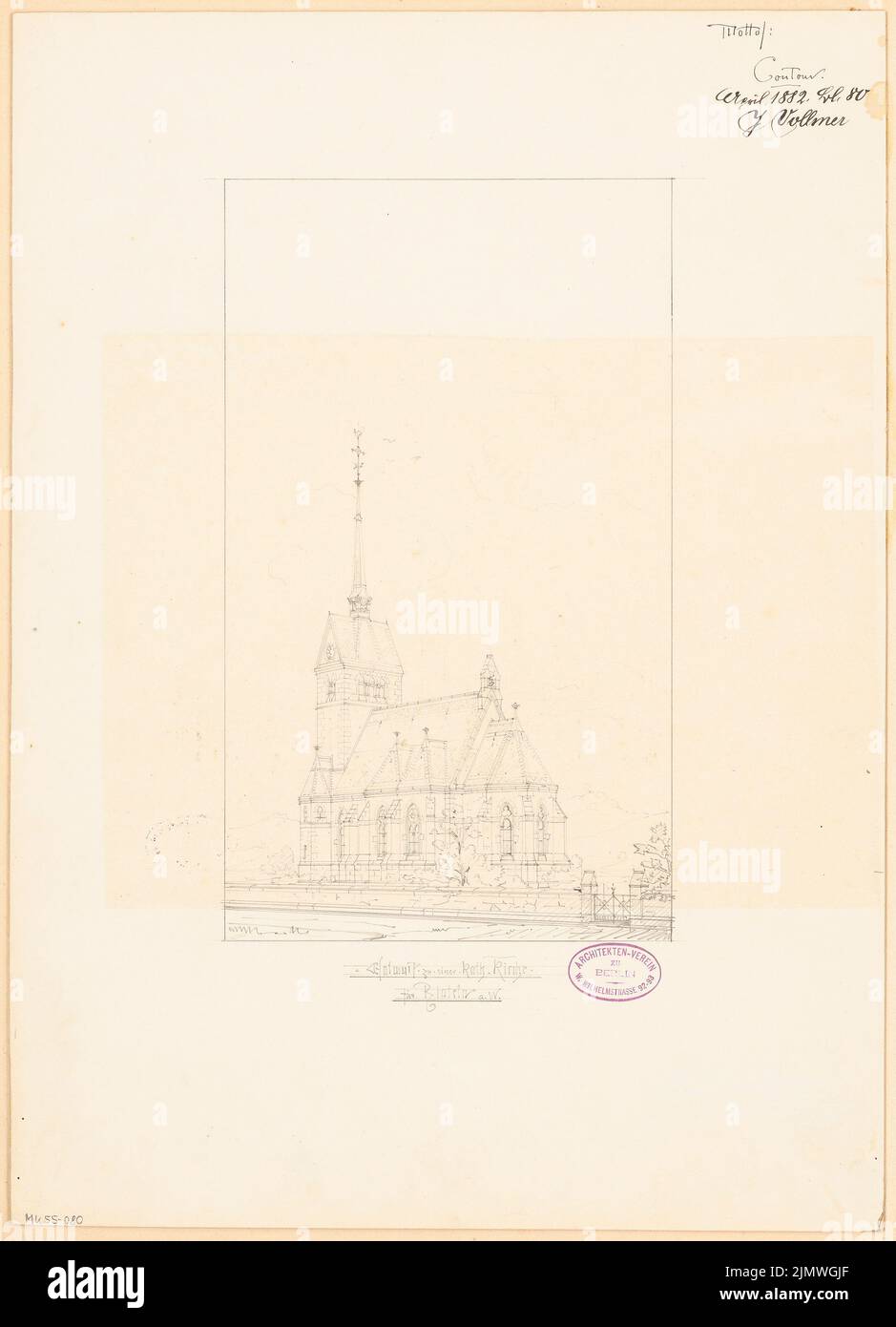 Vollmer Johannes (1845-1920), Catholic Church of St. Sturmius in Rinteln. Monthly competition April 1882 (04.1882): Perspective view. Pencil on paper, 51 x 36.8 cm (including scan edges) Vollmer Johannes  (1845-1920): Katholische Kirche St. Sturmius, Rinteln. Monatskonkurrenz April 1882 Stock Photo