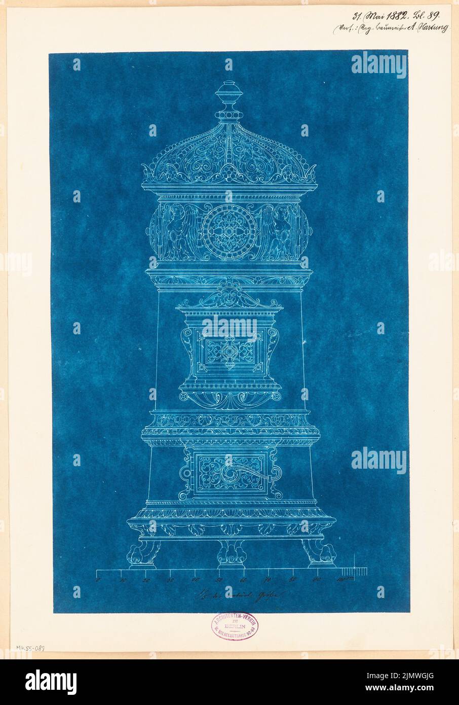 Hartung Adolf (1850-1910), stove coat made of cast iron (for a factory in Kaiserslautern). Monthly competition May 1882 (05.1882): View 1: 5. Ink over blueprint on paper, 53.4 x 37.2 cm (including scan edges) Hartung Adolf  (1850-1910): Ofenmantel aus Gusseisen (für eine Fabrik in Kaiserslautern). Monatskonkurrenz Mai 1882 Stock Photo